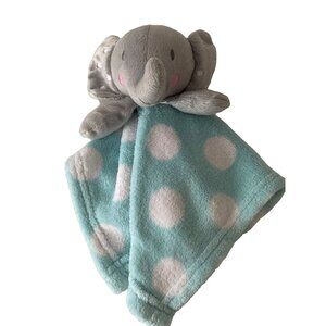 Gray Plush Elephant Security Blanket For Babies - Polka Dot Blue & White Blanket